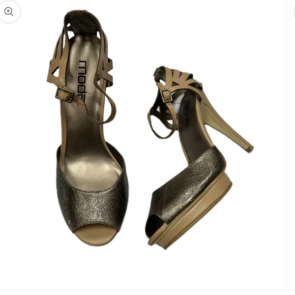 Gold/Tan Stiletto Peep Toe Ankle Strap Heels by Moda - Picture 1 of 8